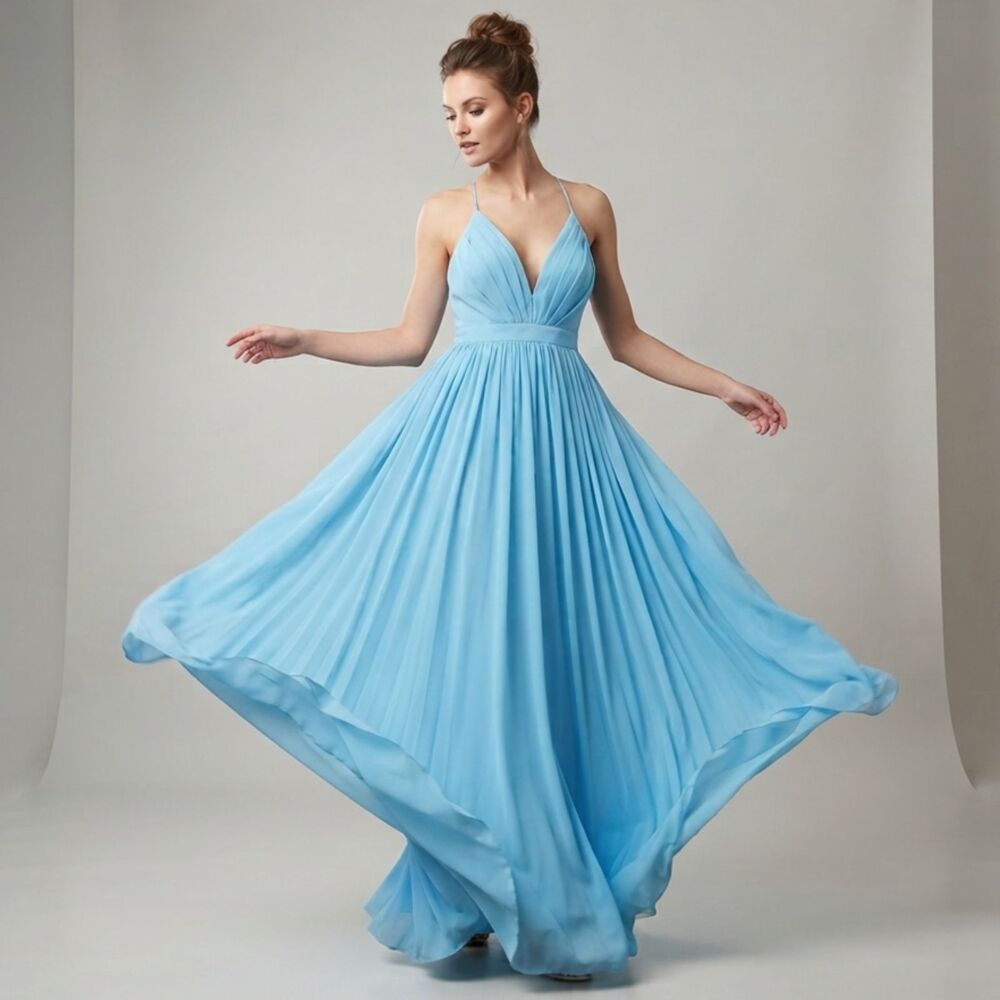 NWT Meghan Los Angeles Blue Chiffon Gown Grecian-style Halter Maxi